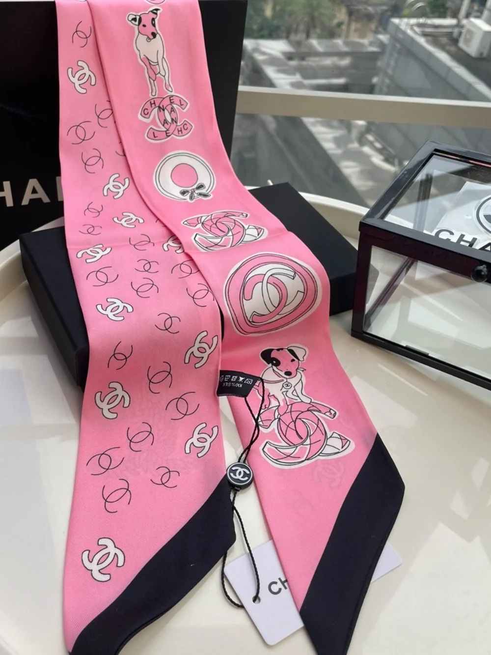 Double C Designer Pink Black Letter Logo Dog Twilly Silk Scarf